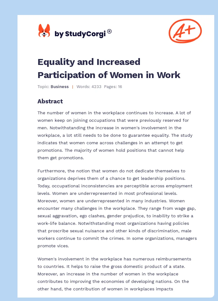 Equality and Increased Participation of Women in Work. Page 1