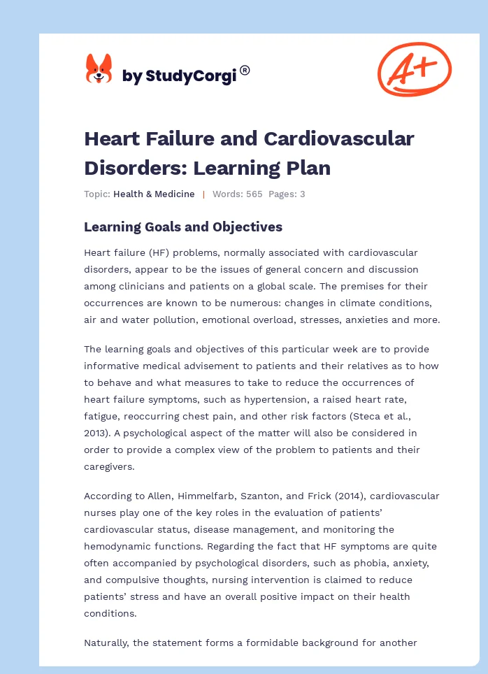 Heart Failure and Cardiovascular Disorders: Learning Plan. Page 1