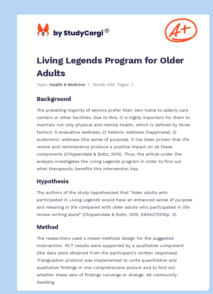 Living Legends Program for Older Adults. Page 1