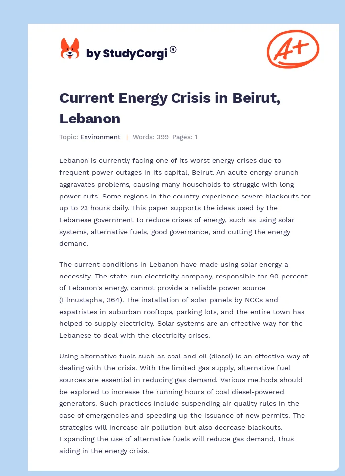 Current Energy Crisis in Beirut, Lebanon. Page 1