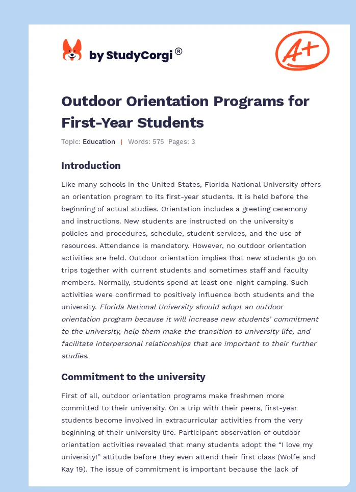 Outdoor Orientation Programs for First-Year Students. Page 1