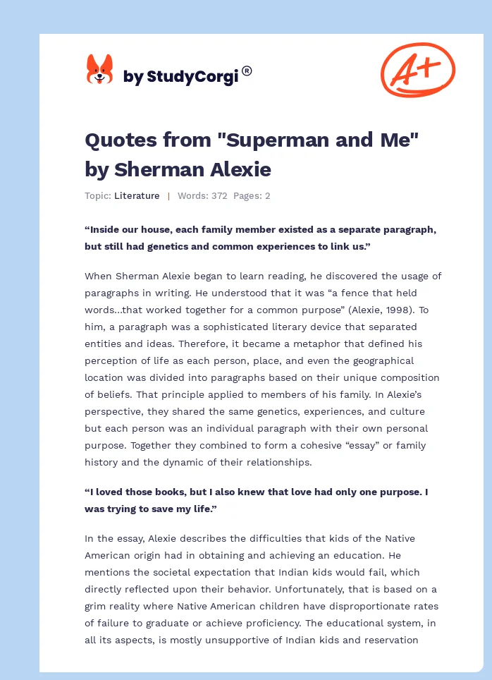 Quotes from "Superman and Me" by Sherman Alexie. Page 1