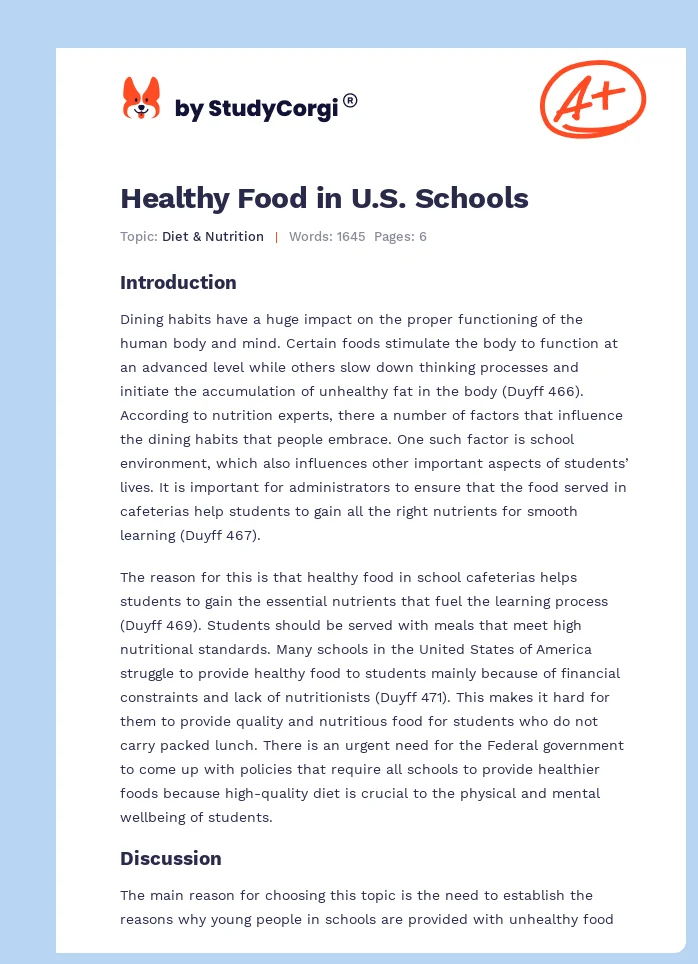 Healthy Food in U.S. Schools. Page 1