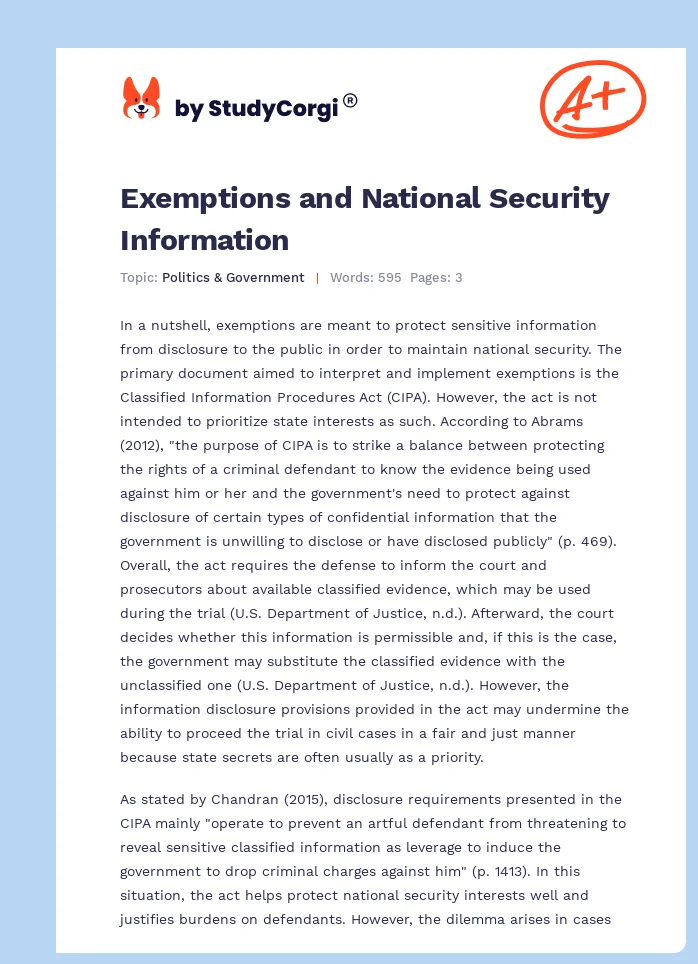 Exemptions and National Security Information. Page 1