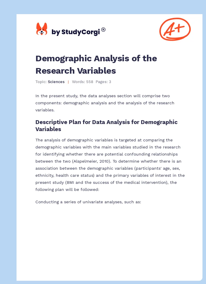 Demographic Analysis of the Research Variables. Page 1