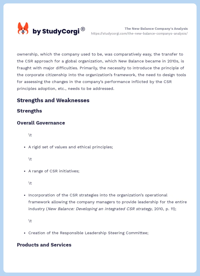 The New Balance Company's Analysis. Page 2