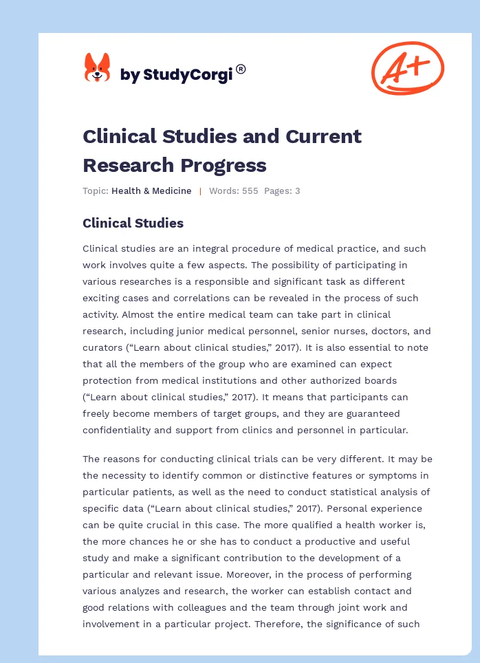 Clinical Studies and Current Research Progress. Page 1