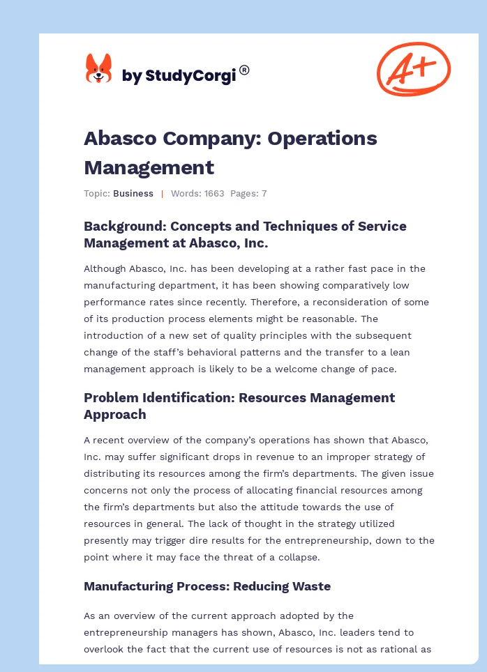 Abasco Company: Operations Management. Page 1