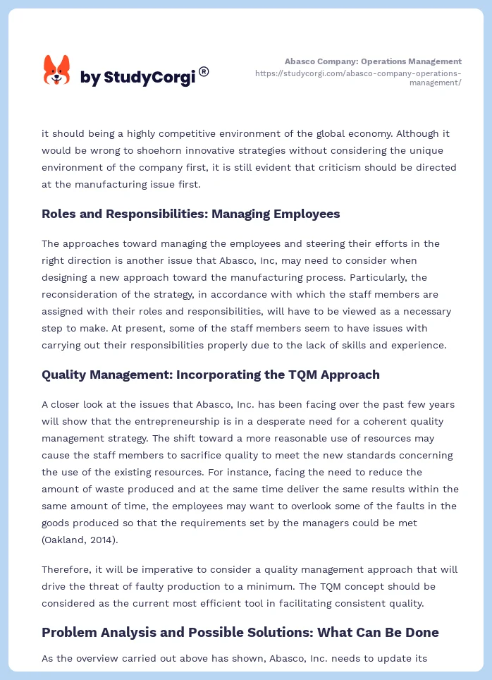 Abasco Company: Operations Management. Page 2