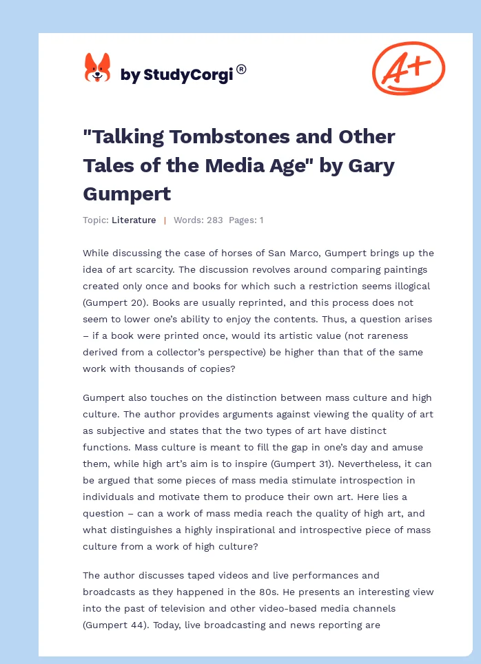 "Talking Tombstones and Other Tales of the Media Age" by Gary Gumpert. Page 1