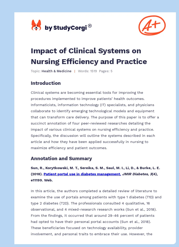 Impact of Clinical Systems on Nursing Efficiency and Practice. Page 1