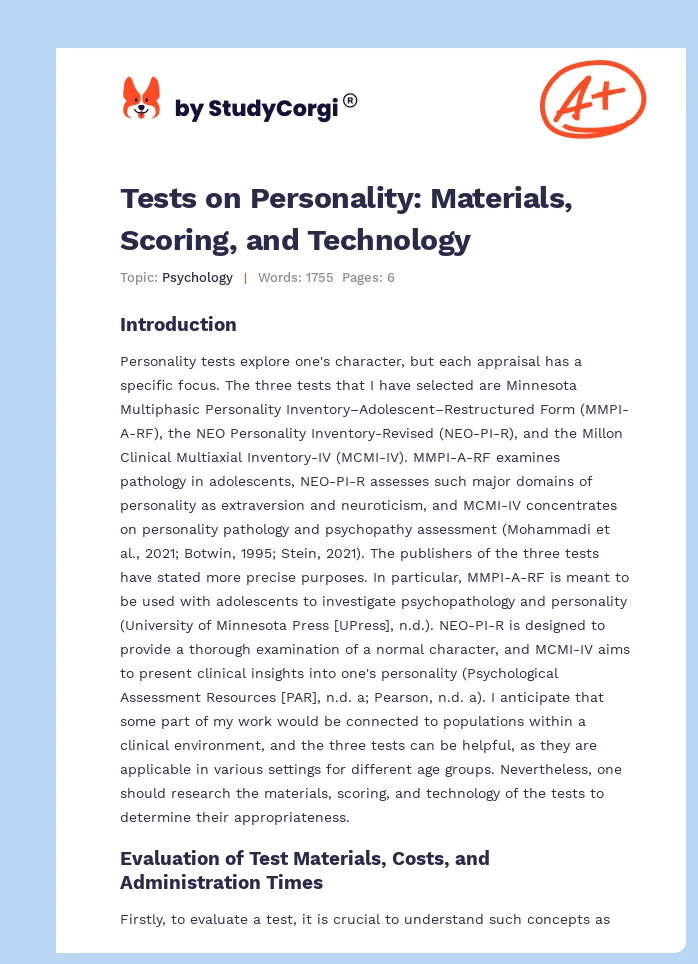 Tests on Personality: Materials, Scoring, and Technology. Page 1