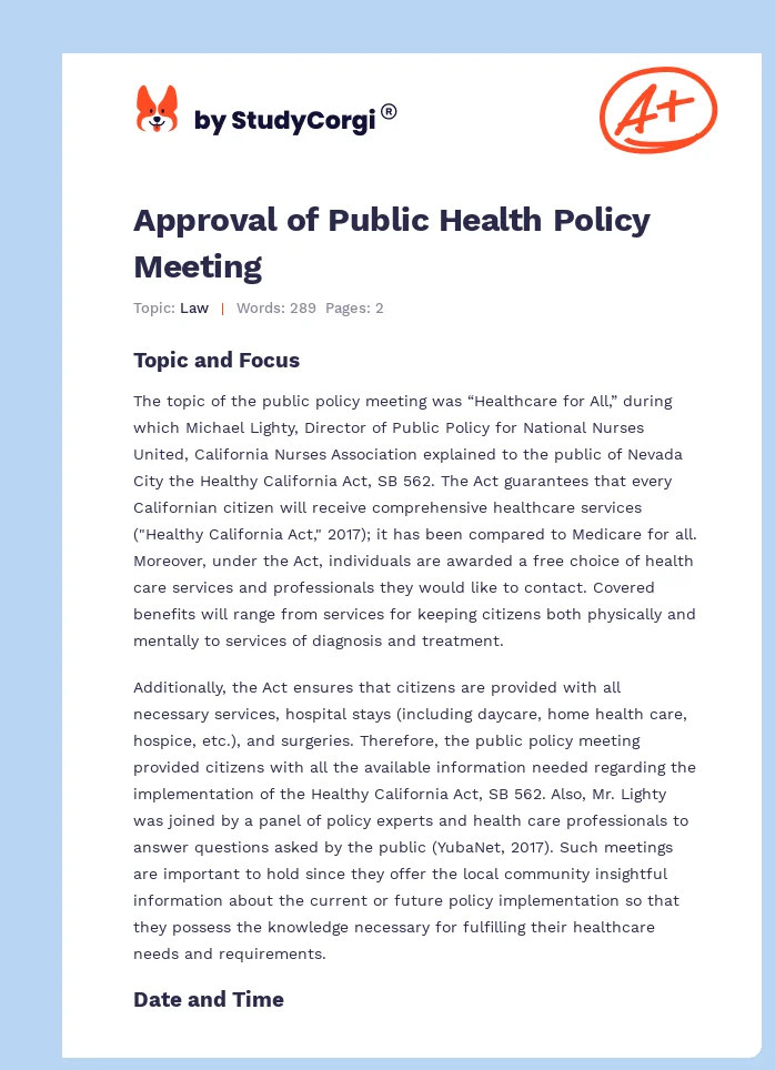 Approval of Public Health Policy Meeting. Page 1