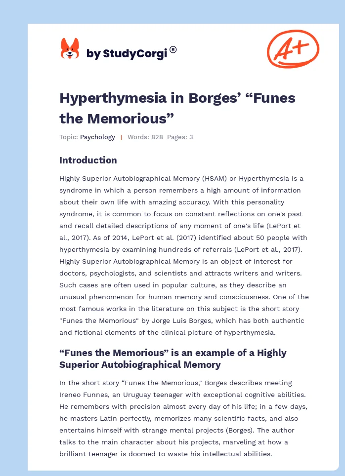Hyperthymesia in Borges’ “Funes the Memorious”. Page 1