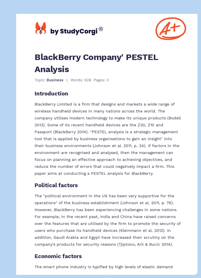 BlackBerry Company' PESTEL Analysis. Page 1