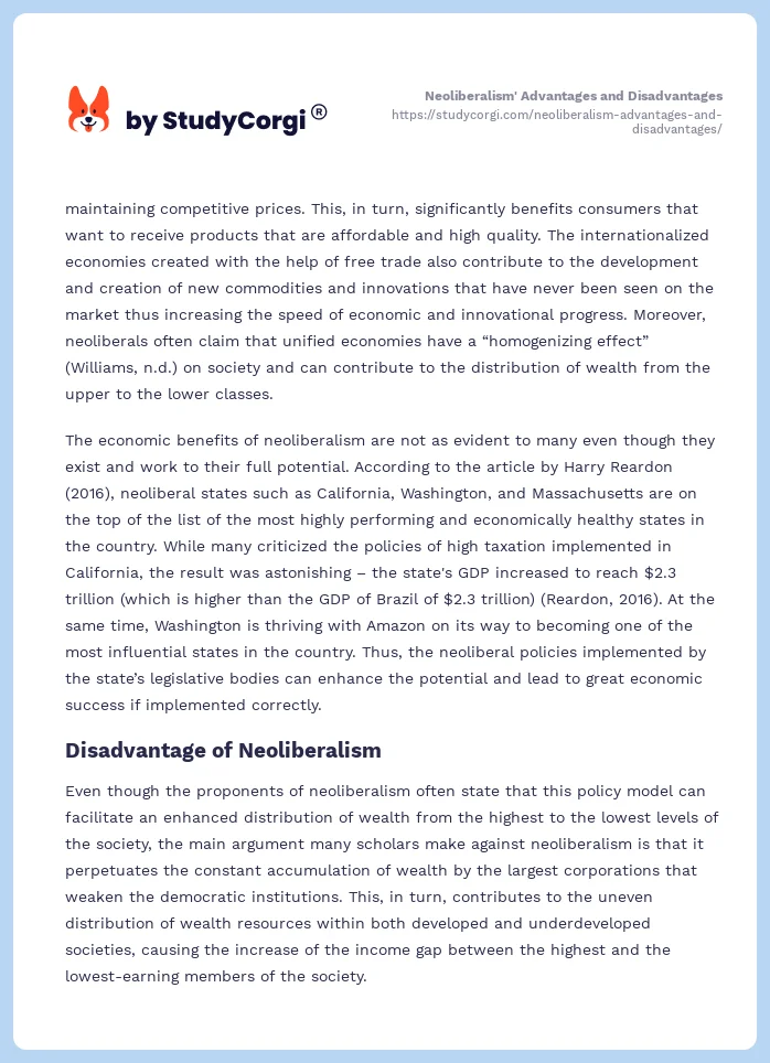 Neoliberalism' Advantages and Disadvantages. Page 2