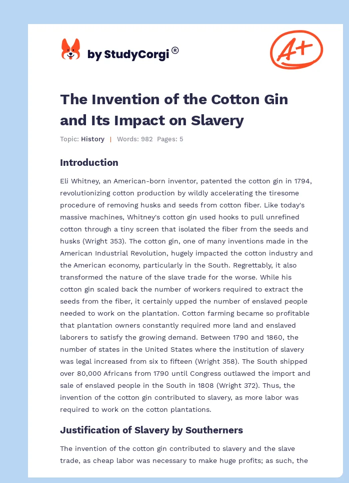 The Invention of the Cotton Gin and Its Impact on Slavery. Page 1