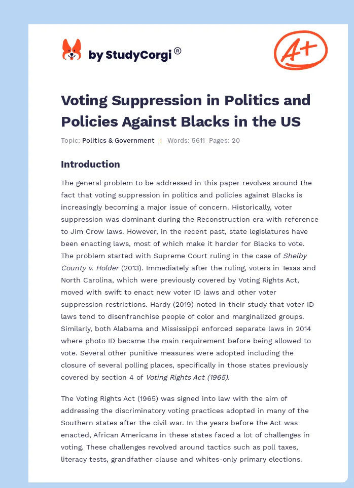 Voting Suppression in Politics and Policies Against Blacks in the US. Page 1