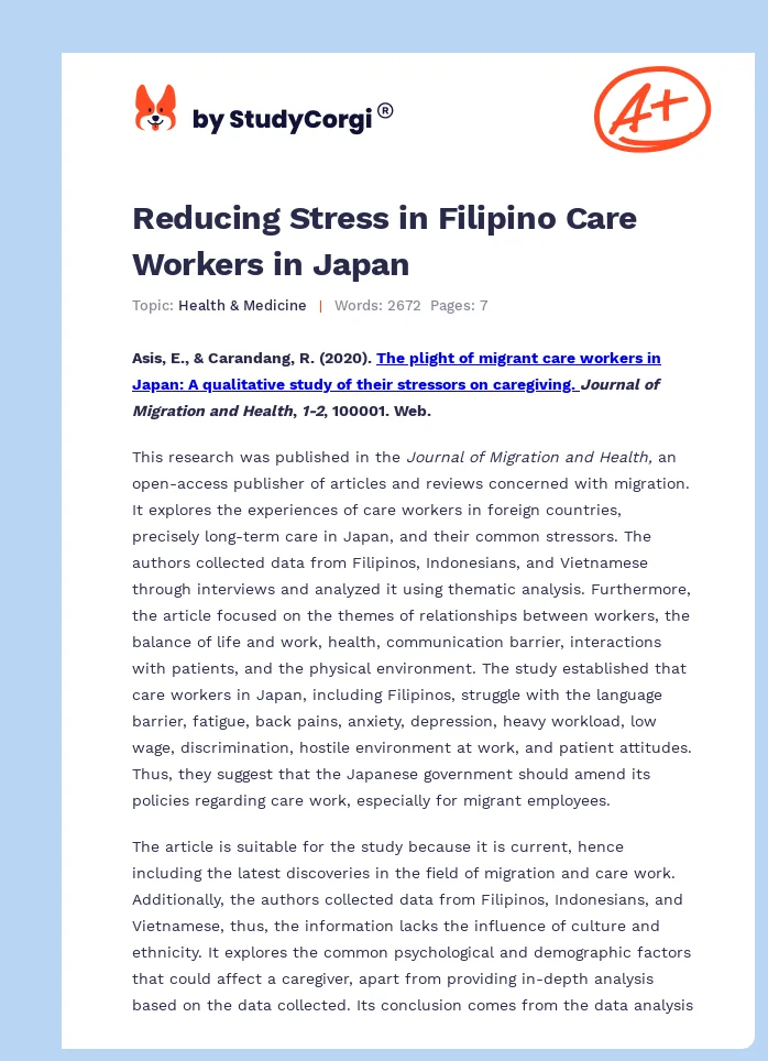 Reducing Stress in Filipino Care Workers in Japan. Page 1