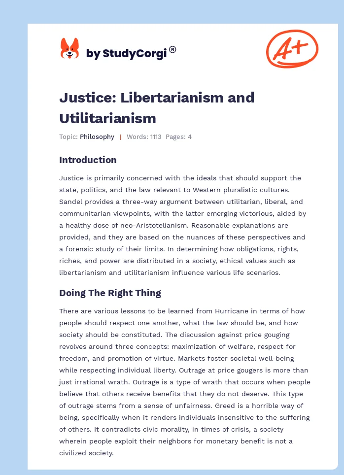 Justice: Libertarianism and Utilitarianism. Page 1