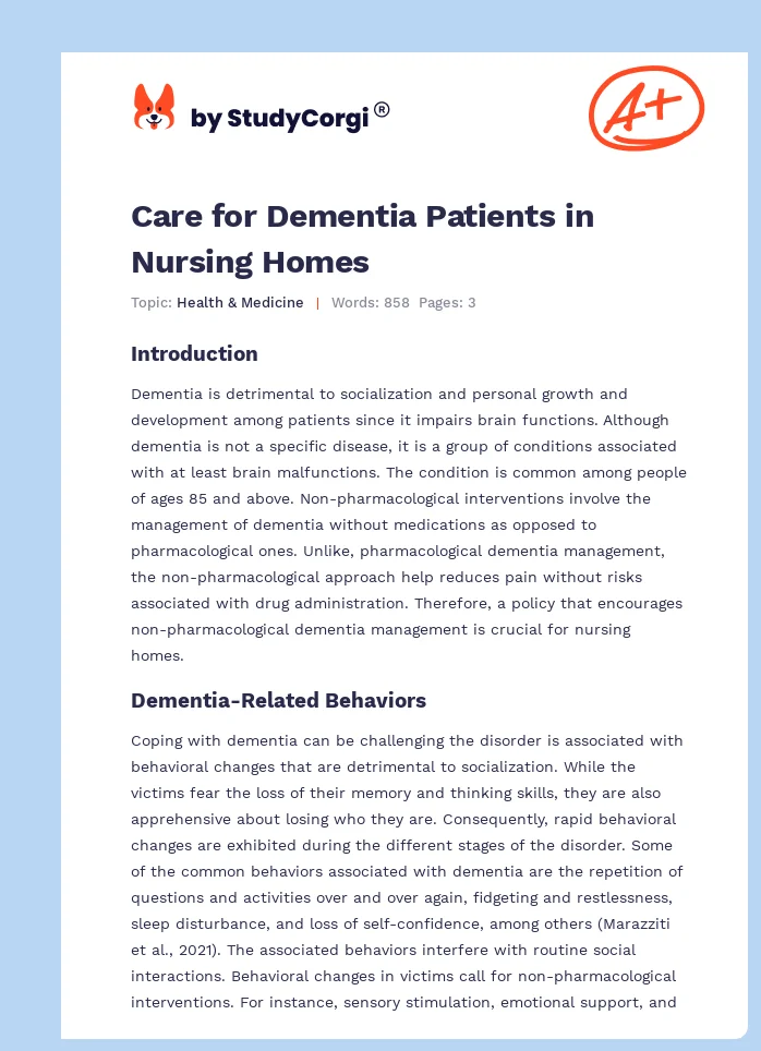  Care For Dementia Patients In Nursing Homes Free Essay Example