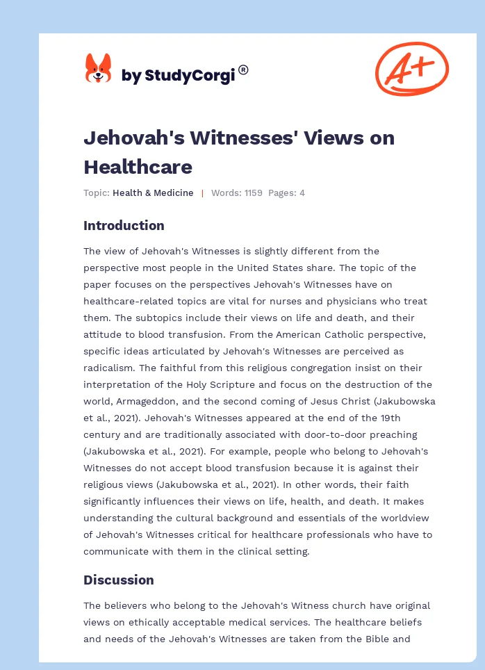 Jehovah's Witnesses' Views on Healthcare. Page 1