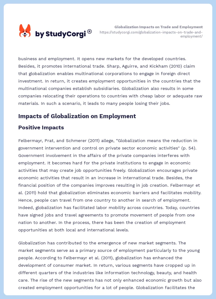 Globalization Impacts on Trade and Employment. Page 2