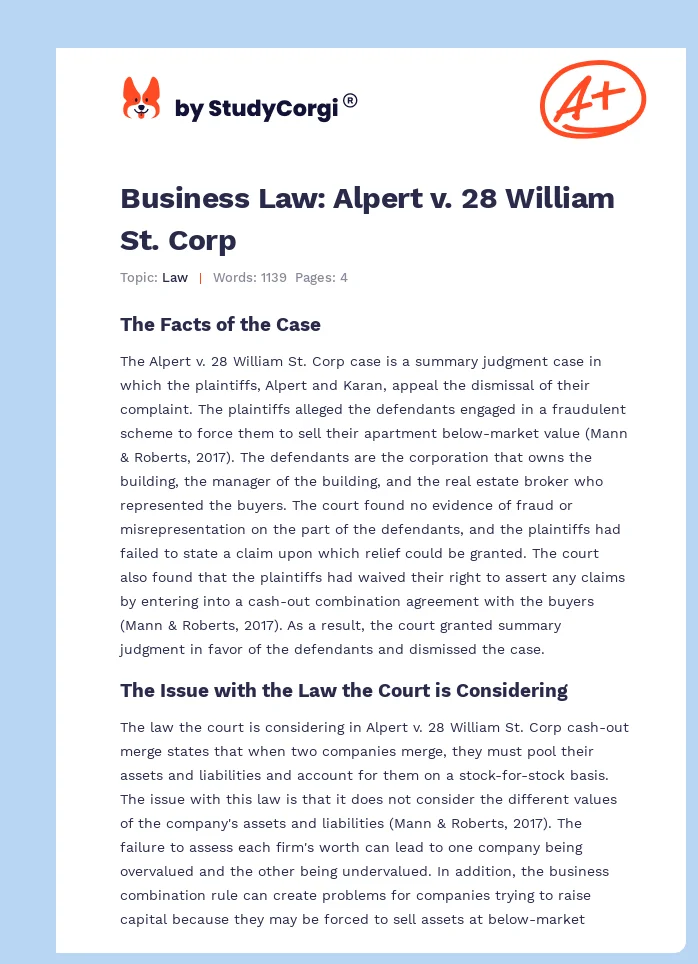 Business Law: Alpert v. 28 William St. Corp. Page 1