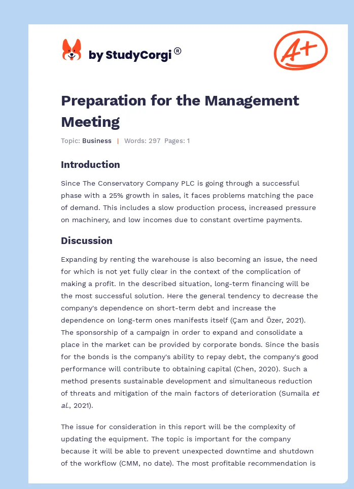Preparation for the Management Meeting. Page 1