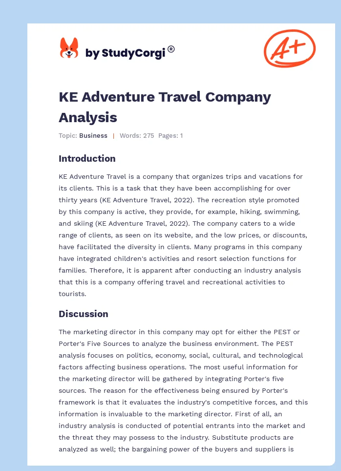 KE Adventure Travel Company Analysis. Page 1