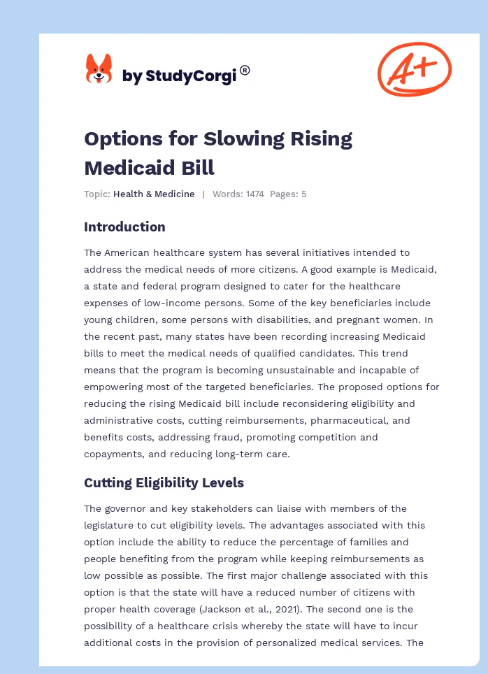 Options for Slowing Rising Medicaid Bill. Page 1
