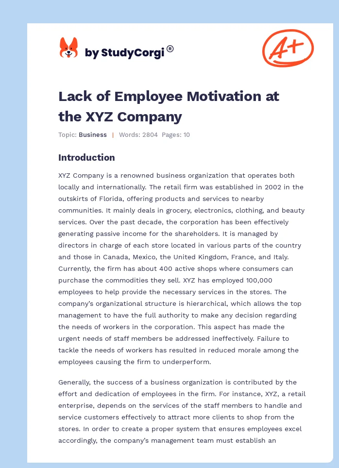 Lack of Employee Motivation at the XYZ Company. Page 1