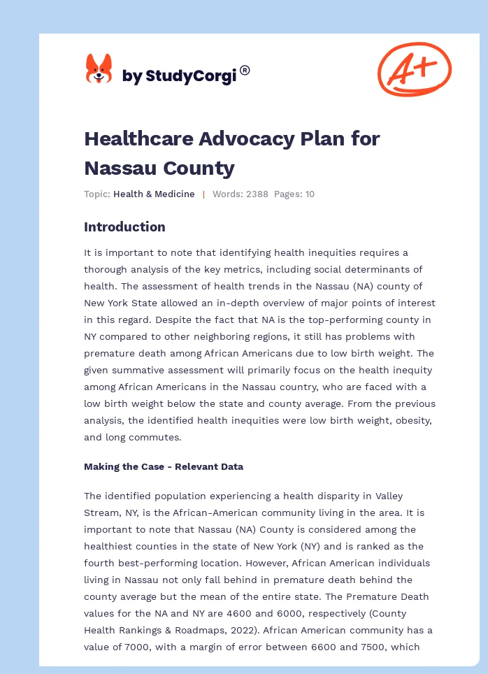 Healthcare Advocacy Plan for Nassau County | Free Essay Example