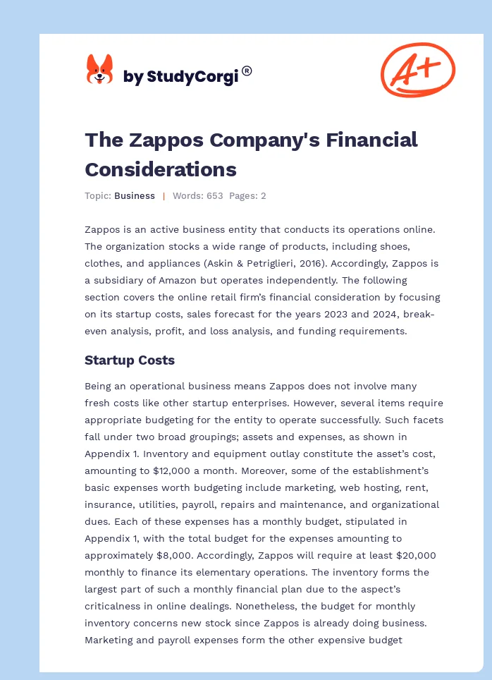 The Zappos Company's Financial Considerations. Page 1
