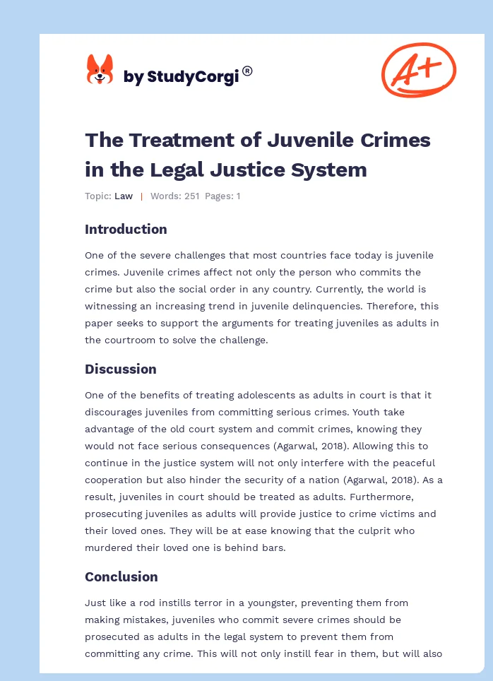 The Treatment of Juvenile Crimes in the Legal Justice System. Page 1