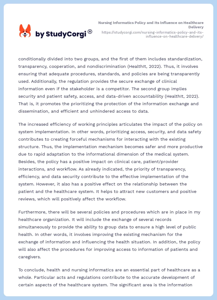 Nursing Informatics Policy and Its Influence on Healthcare Delivery. Page 2