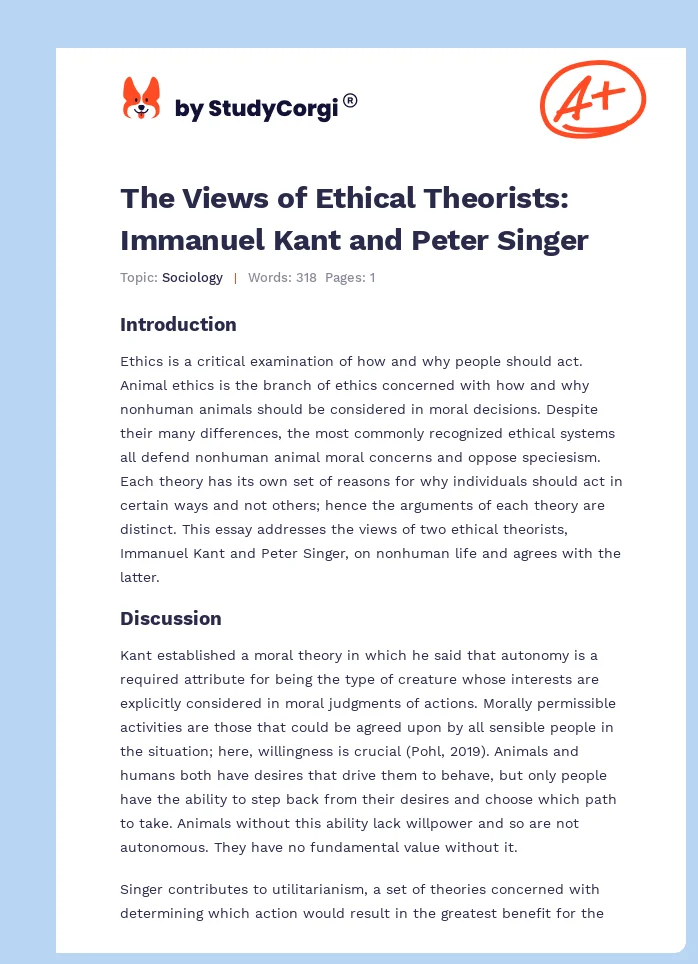 The Views of Ethical Theorists: Immanuel Kant and Peter Singer. Page 1