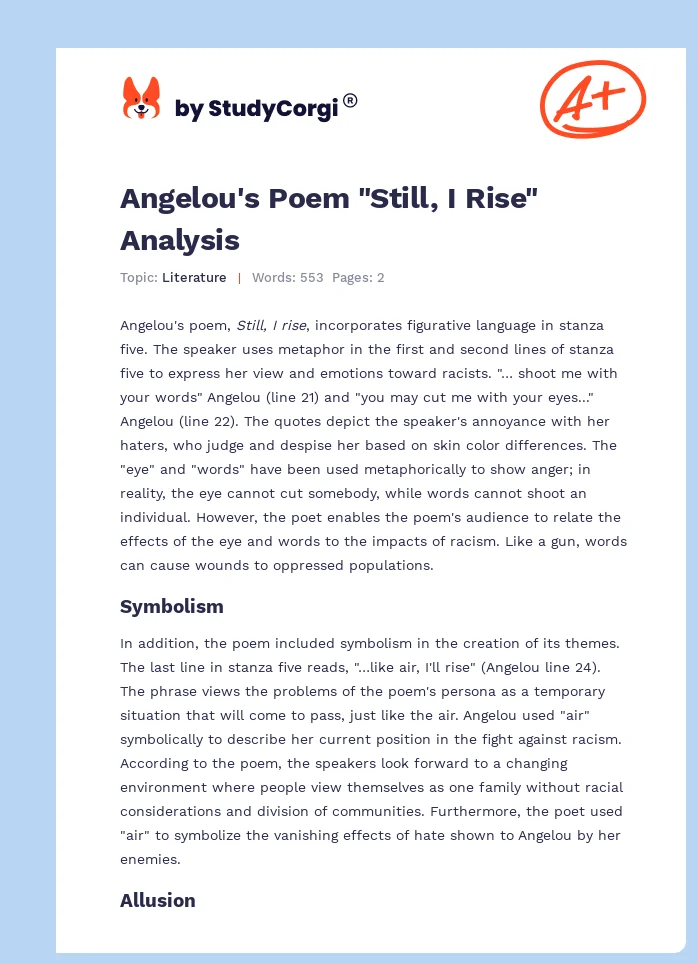 Angelou's Poem "Still, I Rise" Analysis. Page 1