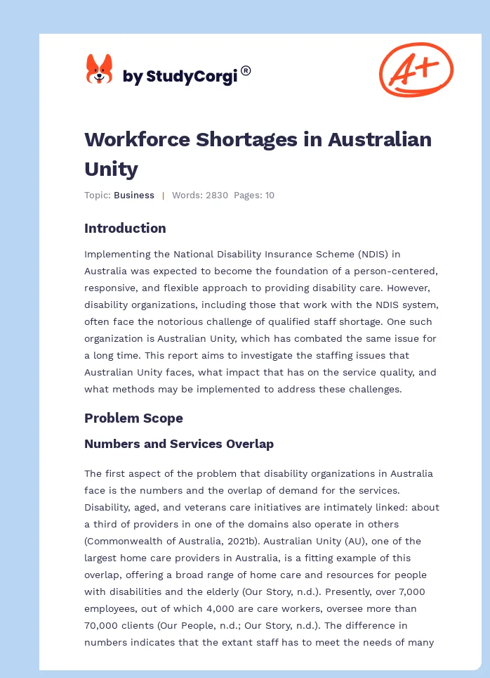 Workforce Shortages in Australian Unity. Page 1
