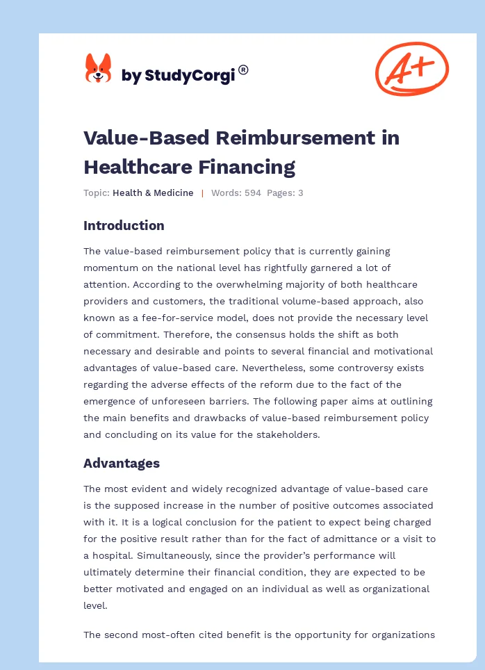 Value-Based Reimbursement in Healthcare Financing. Page 1