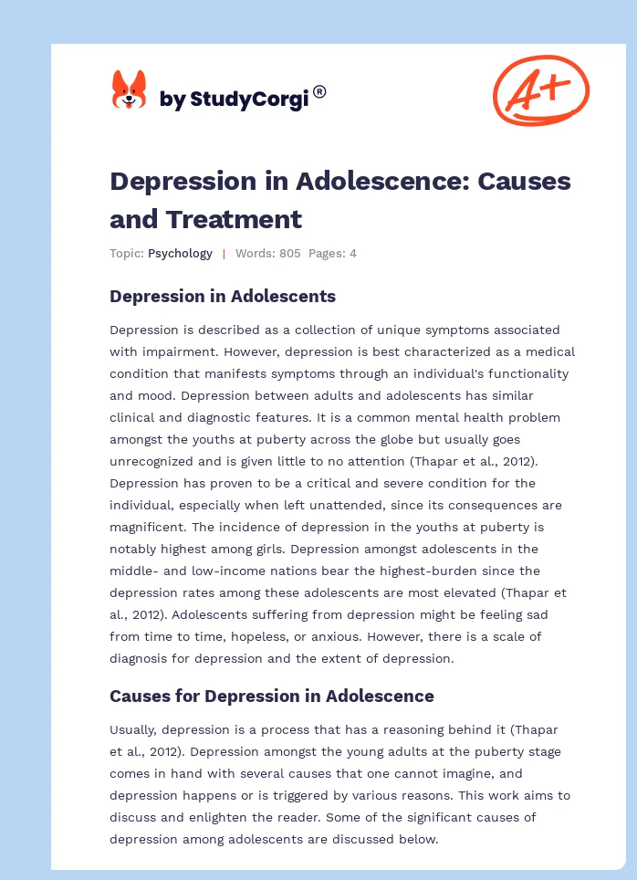 Depression in Adolescence: Causes and Treatment. Page 1