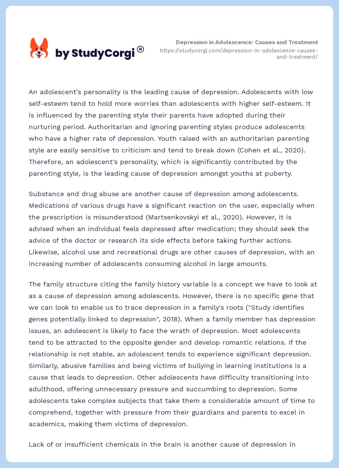 Depression in Adolescence: Causes and Treatment. Page 2