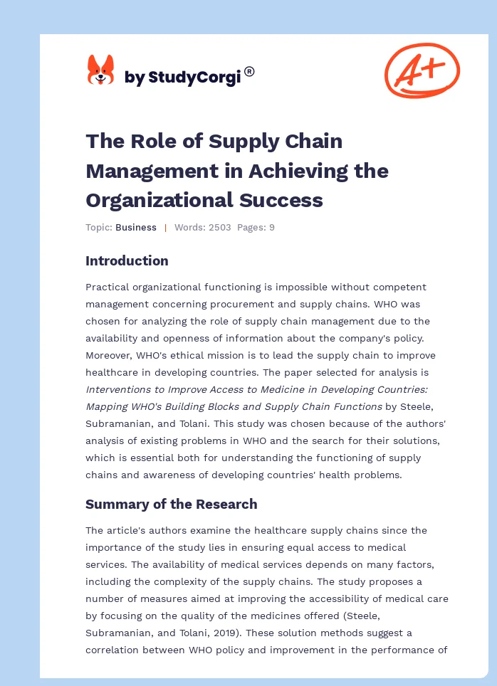The Role of Supply Chain Management in Achieving the Organizational Success. Page 1