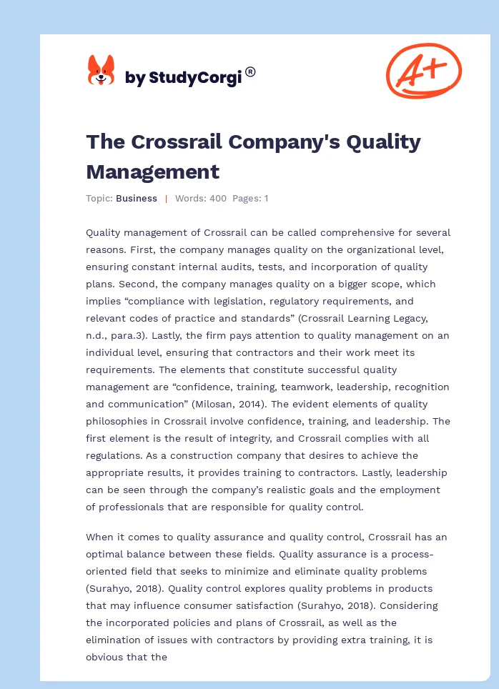 The Crossrail Company's Quality Management. Page 1
