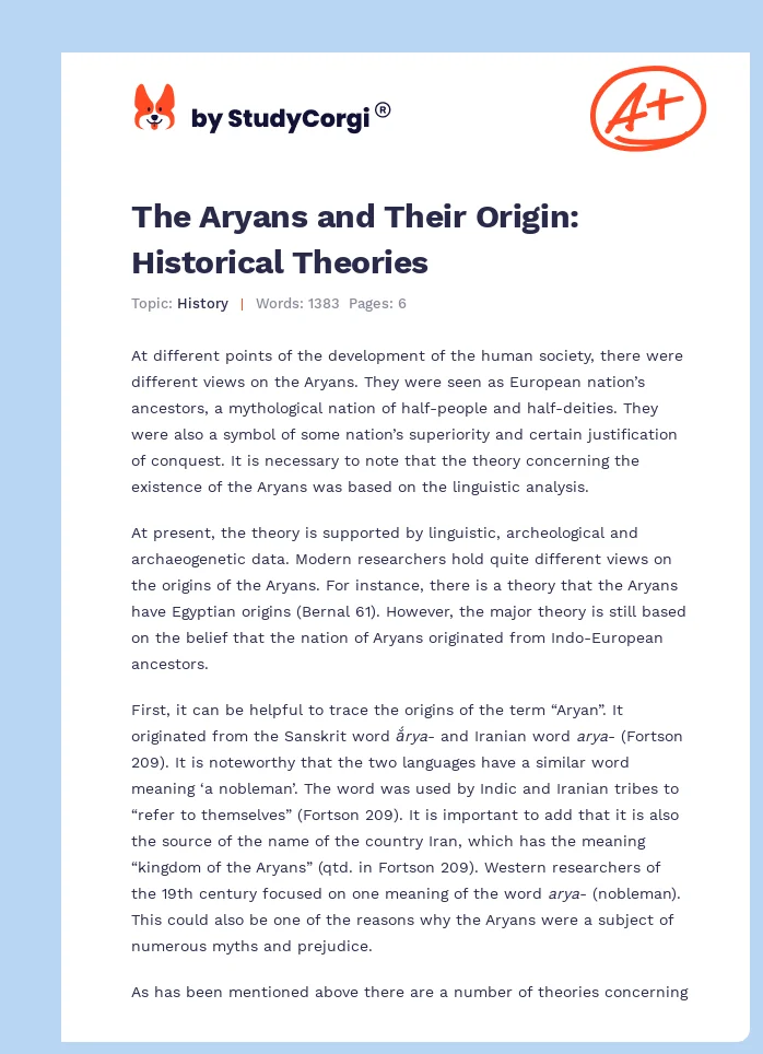 The Aryans and Their Origin: Historical Theories. Page 1