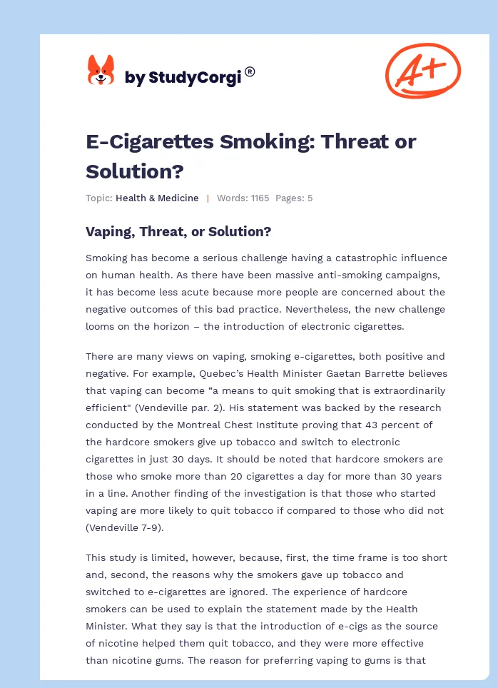 E-Cigarettes Smoking: Threat or Solution?. Page 1