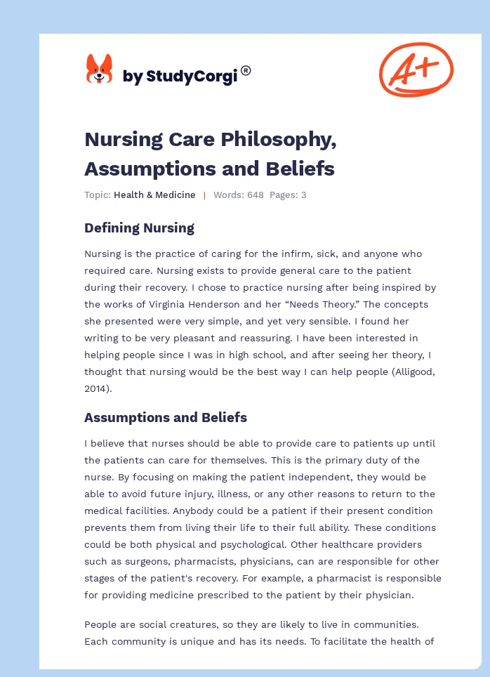 Nursing Care Philosophy, Assumptions and Beliefs. Page 1