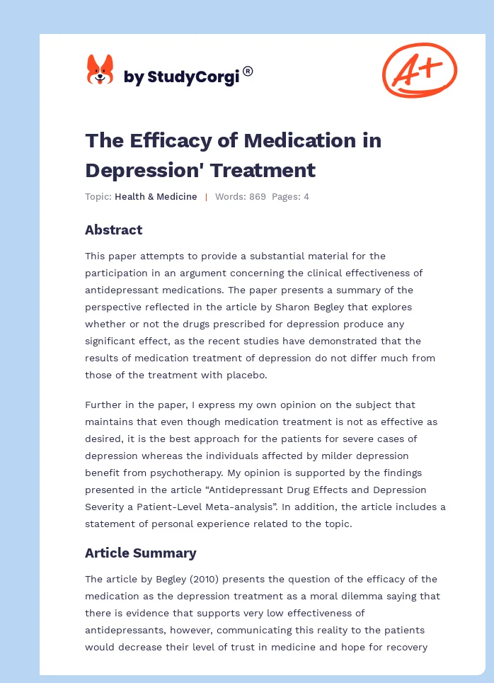 The Efficacy of Medication in Depression' Treatment. Page 1