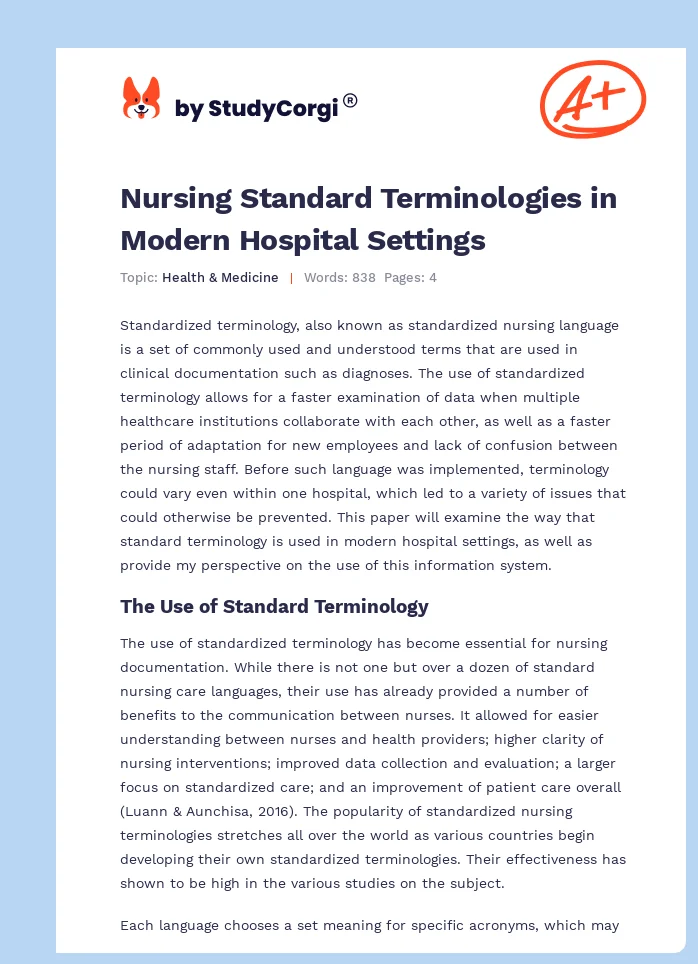 Nursing Standard Terminologies in Modern Hospital Settings. Page 1