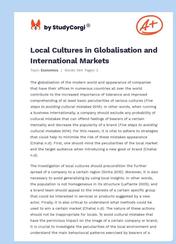 Local Cultures in Globalisation and International Markets. Page 1